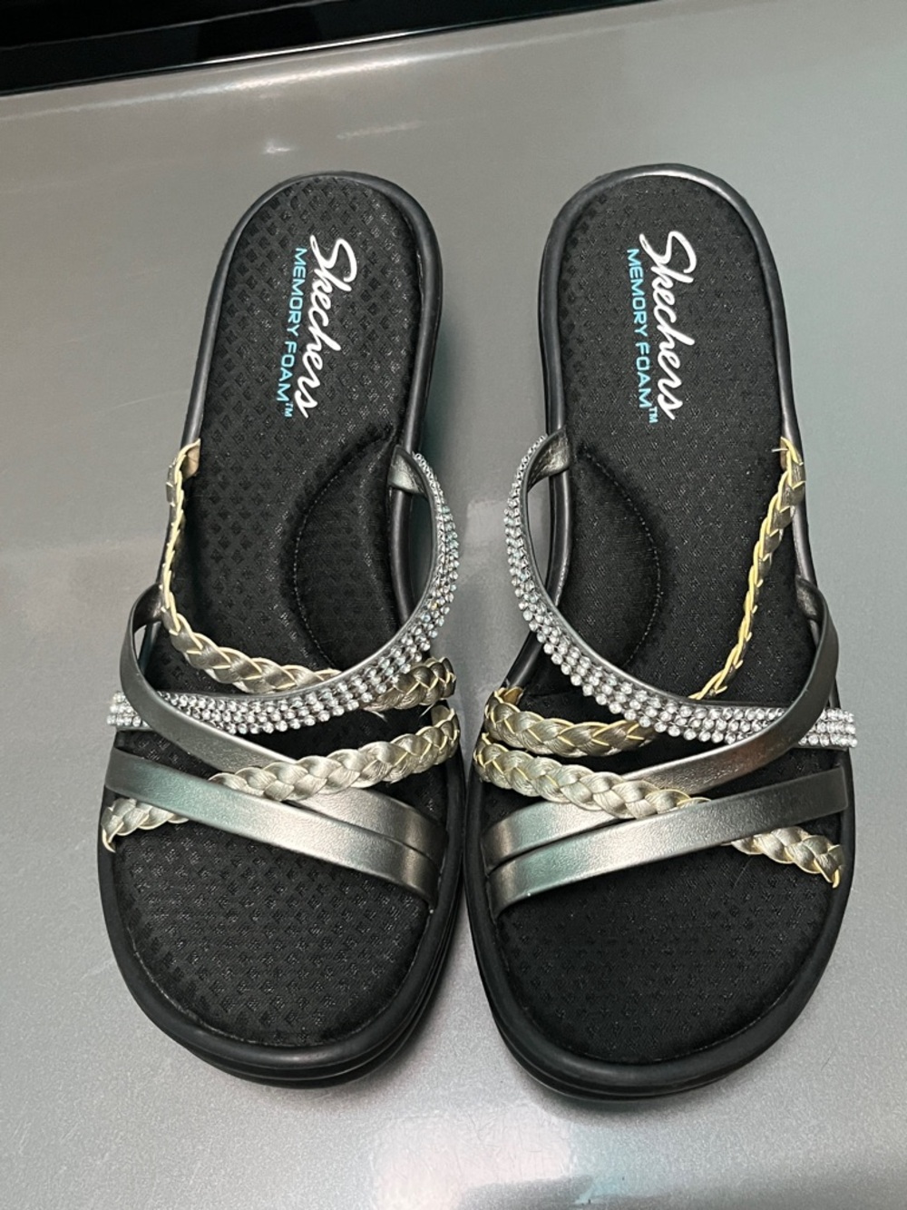 Skechers Black Slide Wedge Sandals with Metallic Braided and Rhinestone Straps